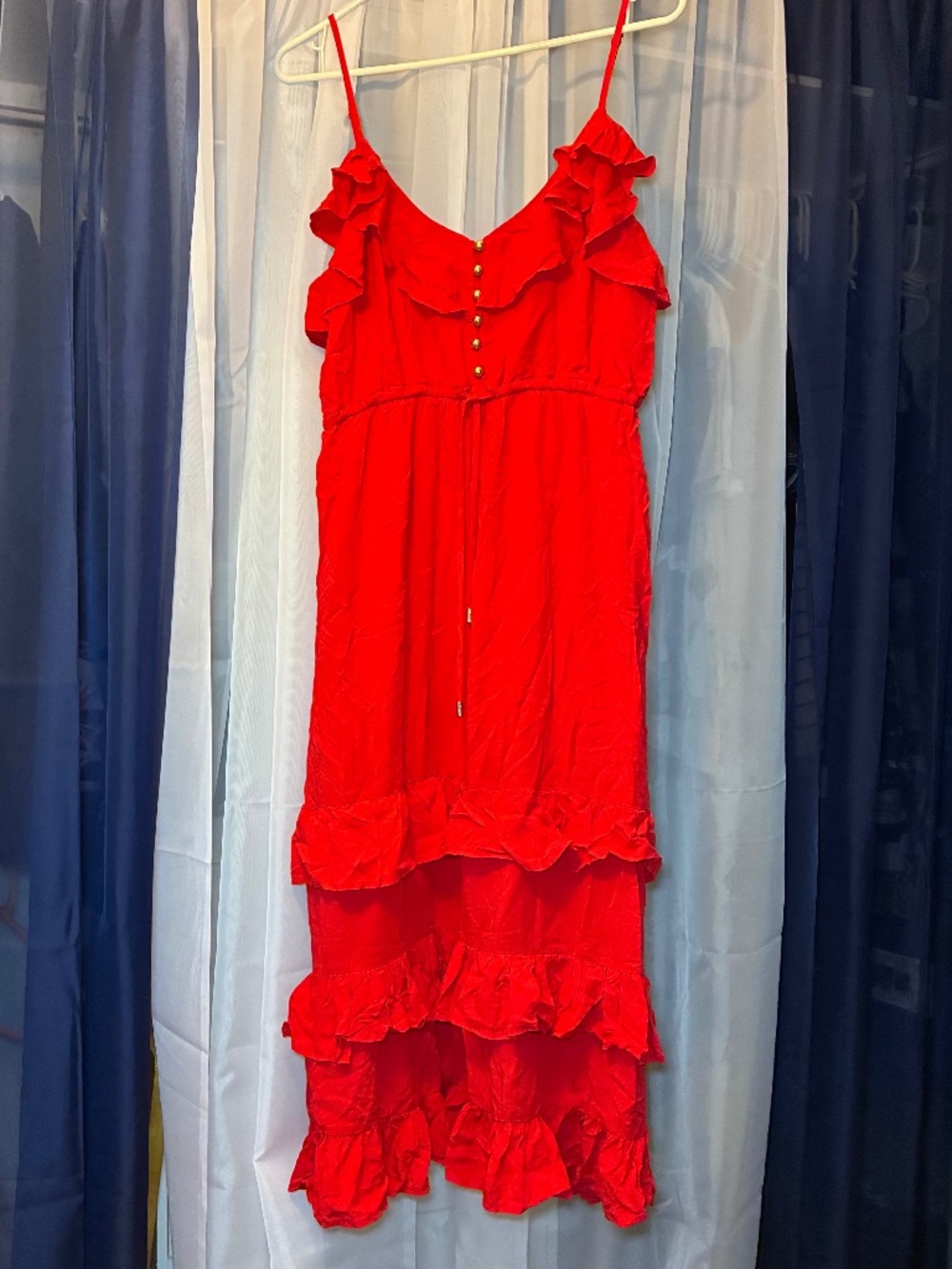 Red Button Front Ruffle Spaghetti Strap Midi Dress